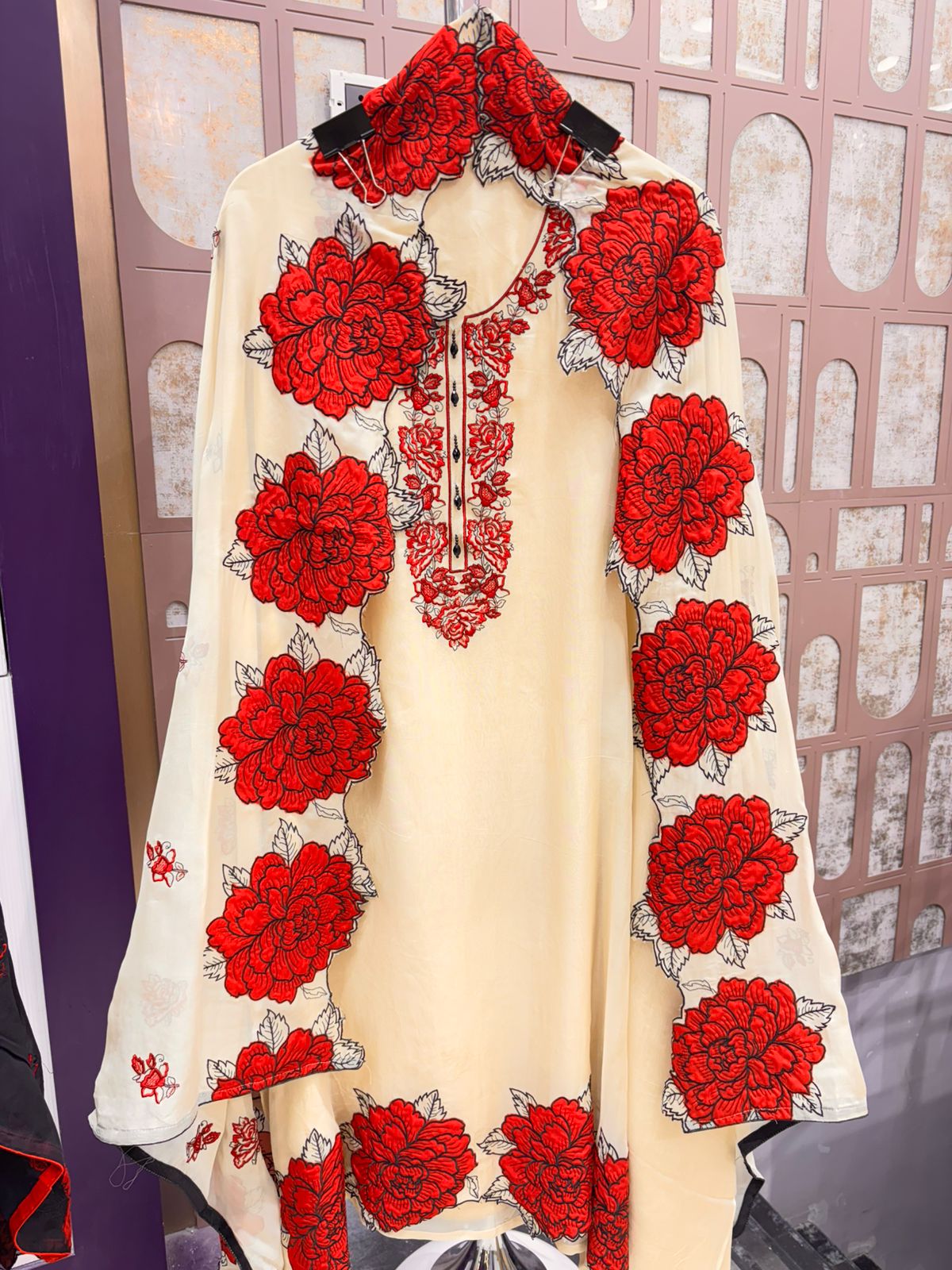 Unstitched Organza Suit Set with Bold Red Floral Embroidery