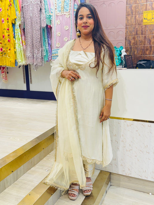 Ivory Gold Stitched Suit in Shimmer Tissue Fabric with Lace Detailing