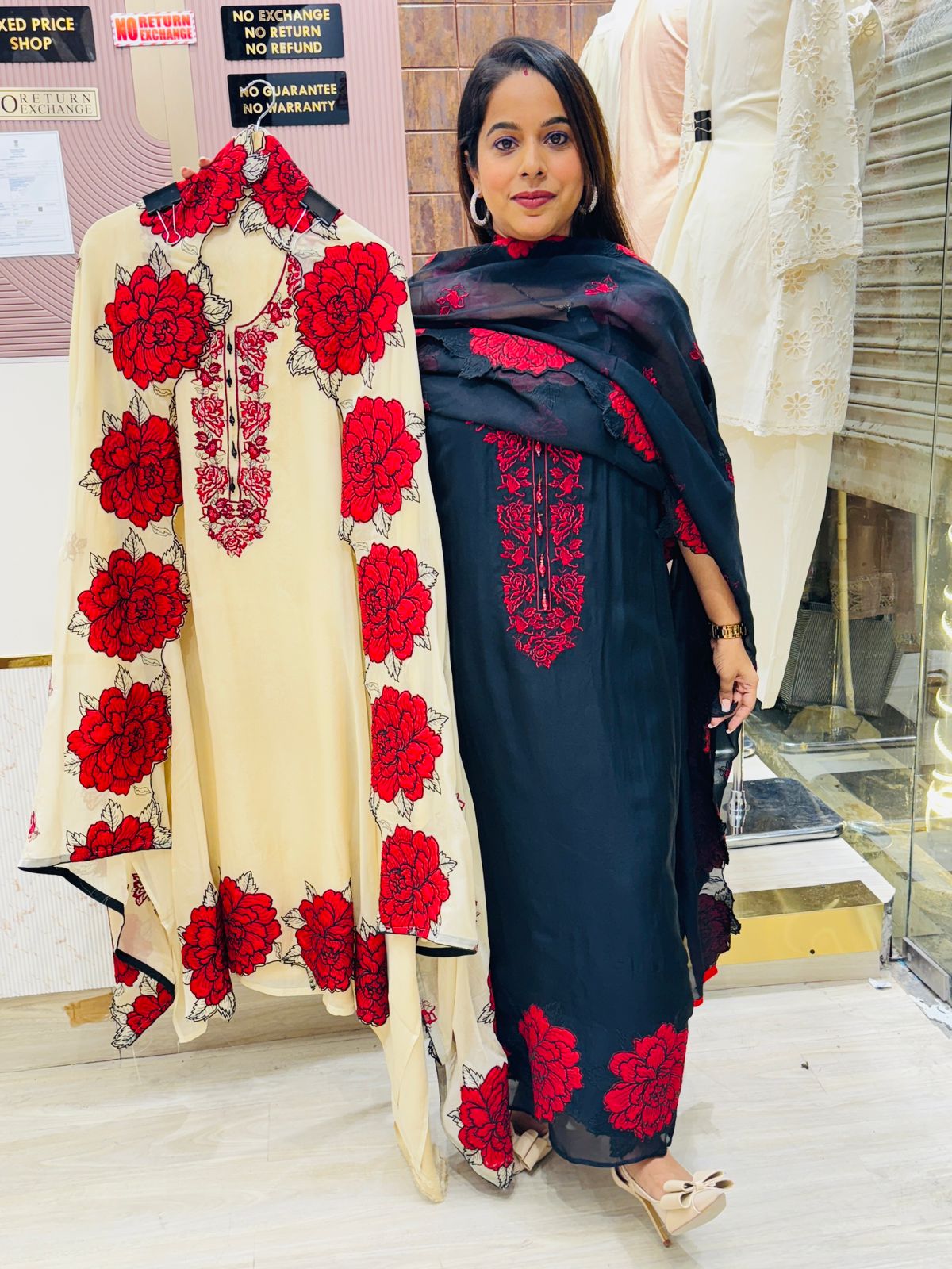 Unstitched Organza Suit Set with Bold Red Floral Embroidery