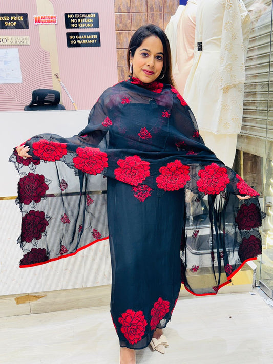 Unstitched Organza Suit Set with Bold Red Floral Embroidery