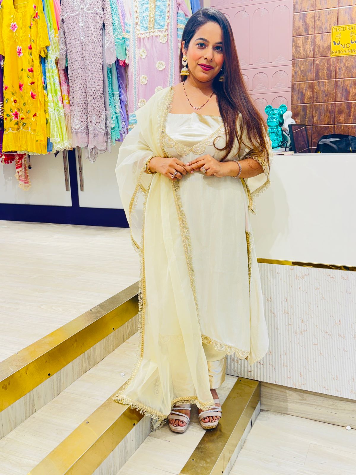 Ivory Gold Stitched Suit in Shimmer Tissue Fabric with Lace Detailing