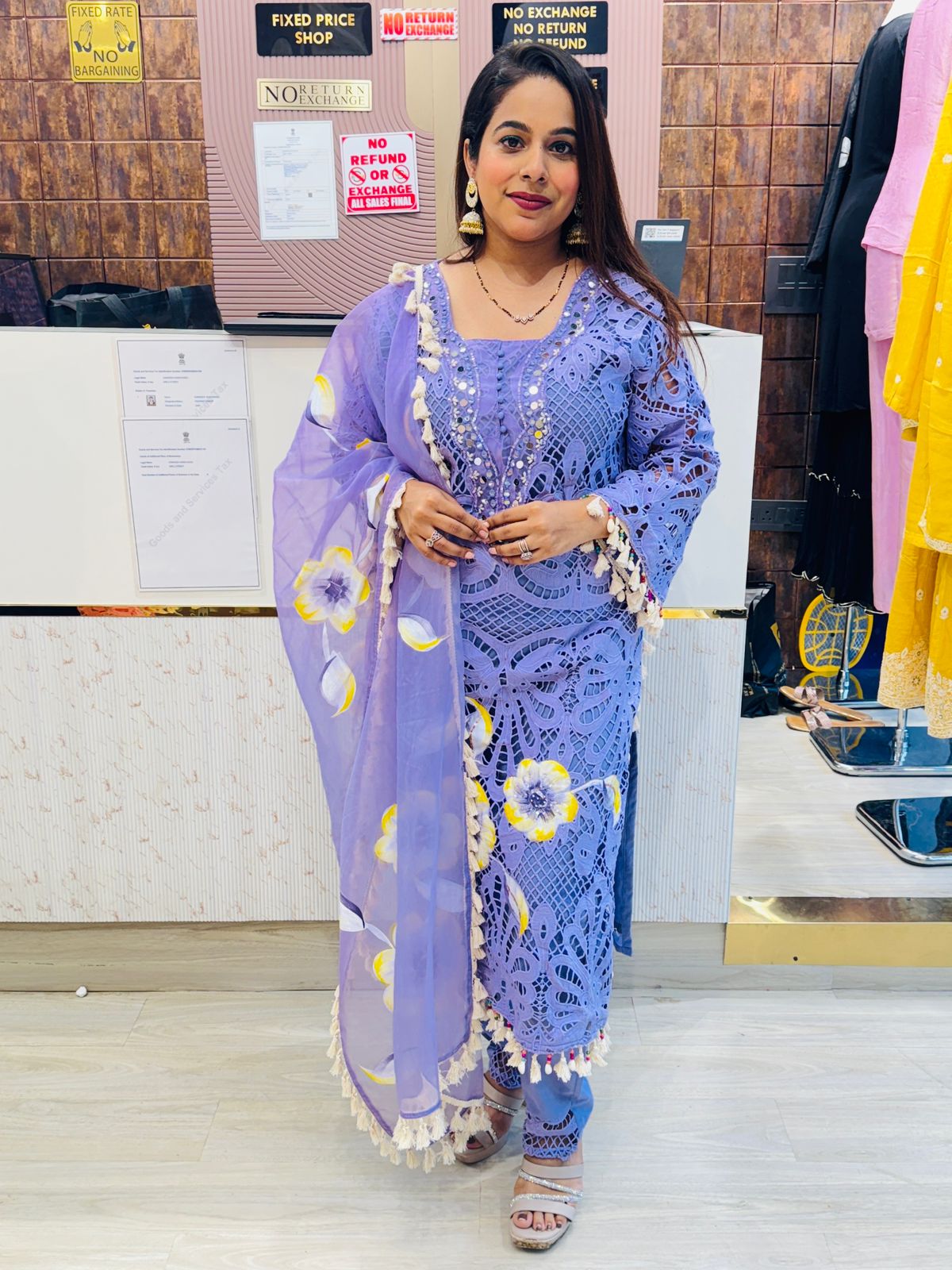 Butterfly Cutwork Stitched Suit with Hand-Painted Floral Detail