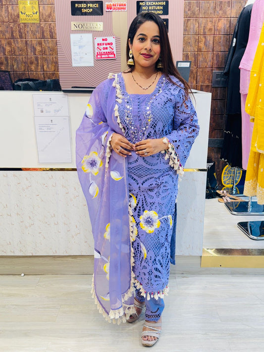 Butterfly Cutwork Stitched Suit with Hand-Painted Floral Detail