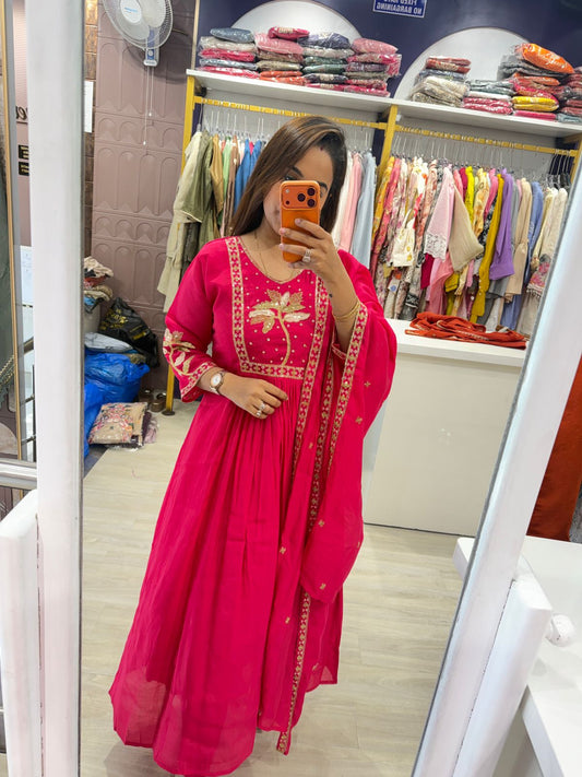 "Mohilya Pink" - Festive Pink Cotton Suit Set with Gold Floral Embroidery