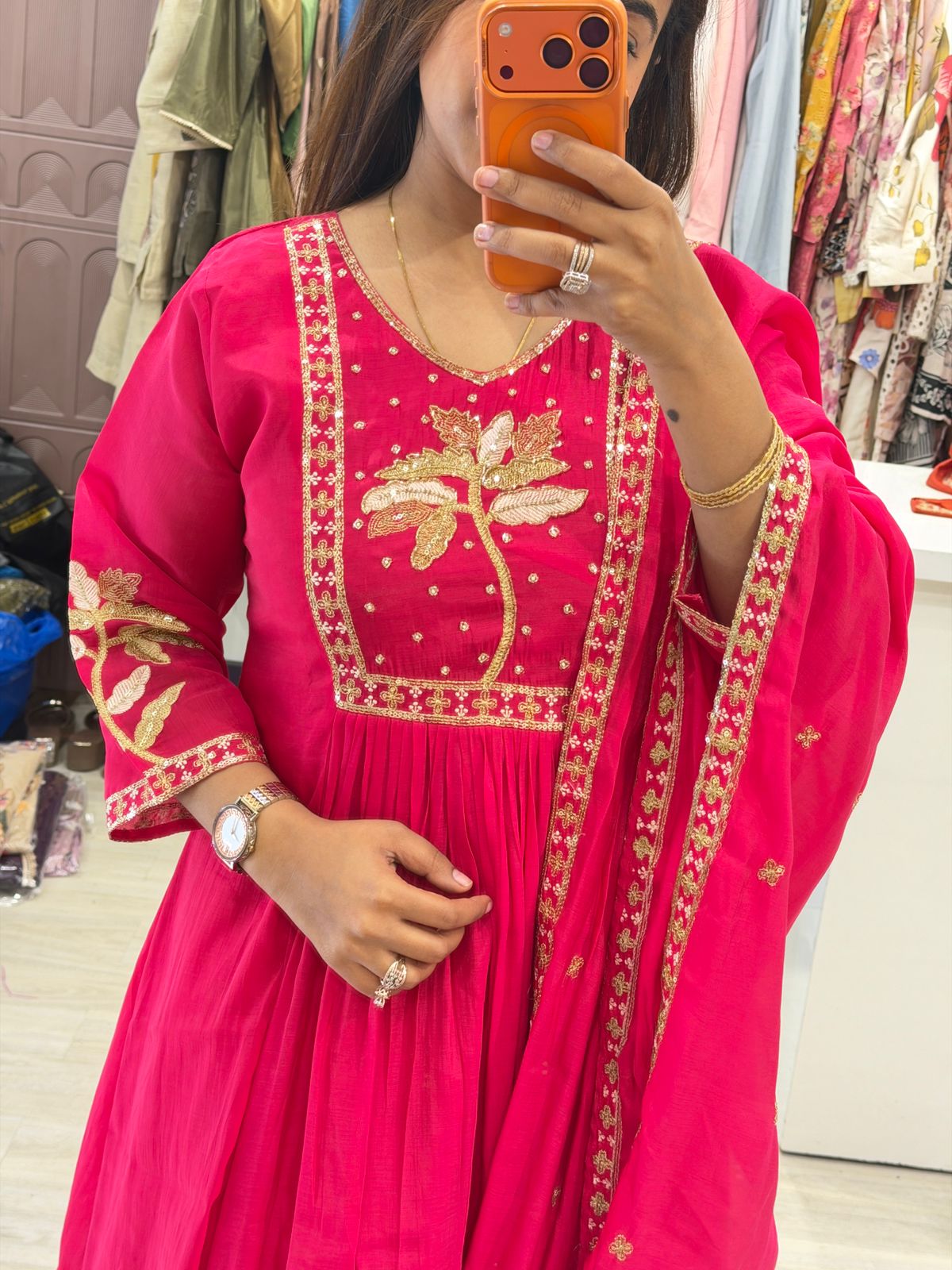 "Mohilya Pink" - Festive Pink Cotton Suit Set with Gold Floral Embroidery