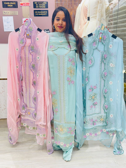 Pastel Thread-Embroidered Unstitched Suit Set