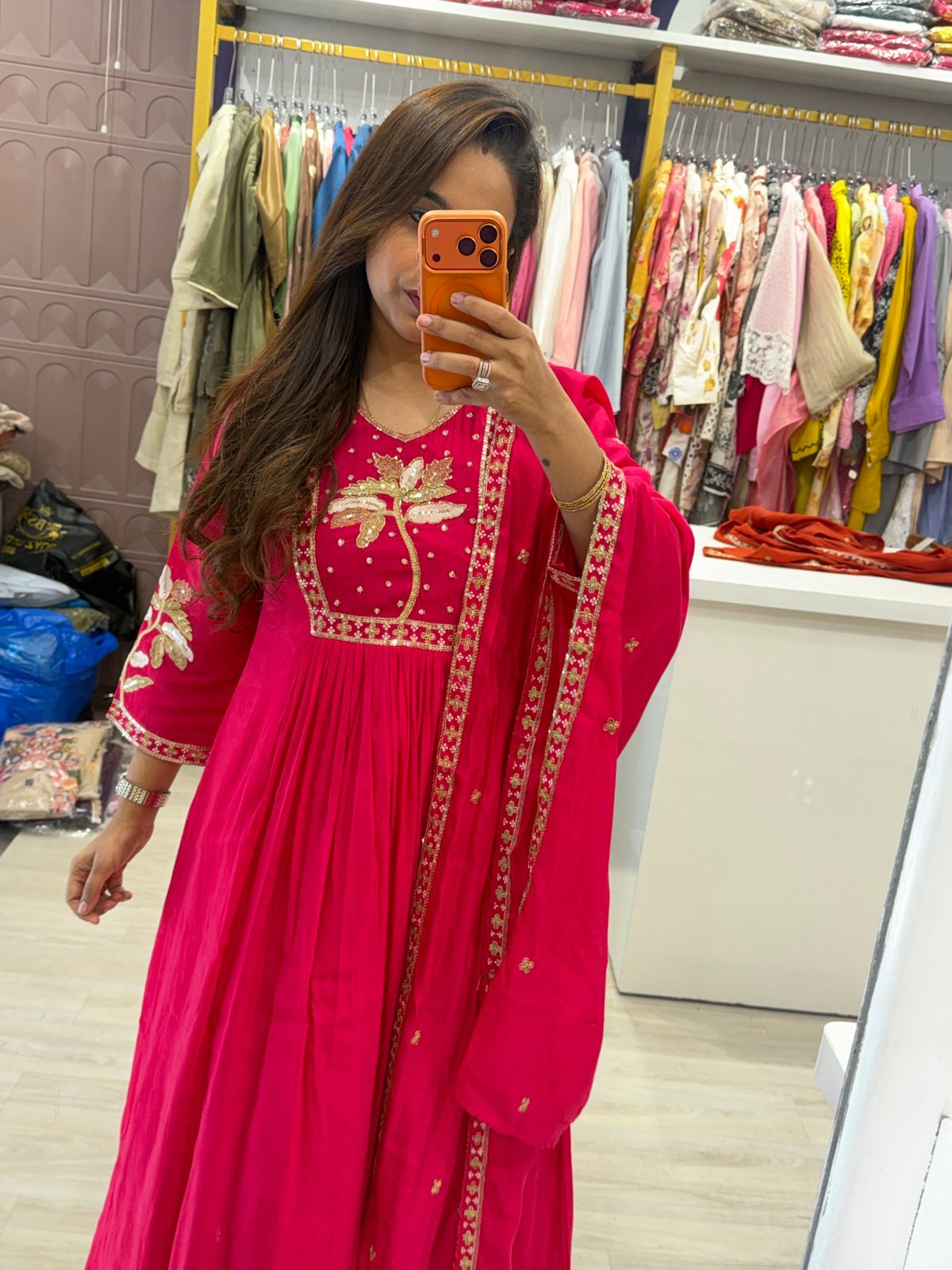 "Mohilya Pink" - Festive Pink Cotton Suit Set with Gold Floral Embroidery