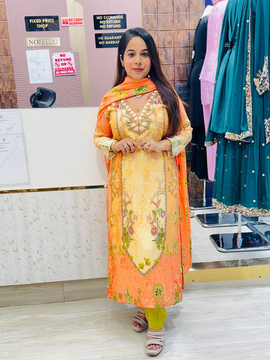 Peach & Orange Floral Muslin Cotton Stitched Suit Set