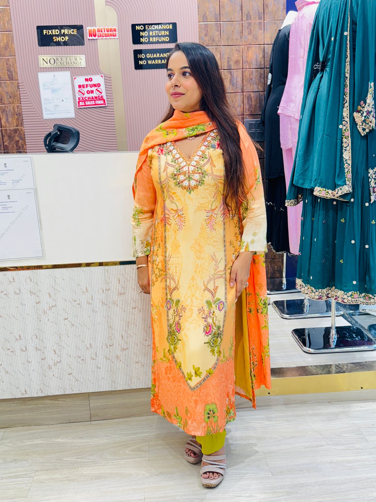 Peach & Orange Floral Muslin Cotton Stitched Suit Set