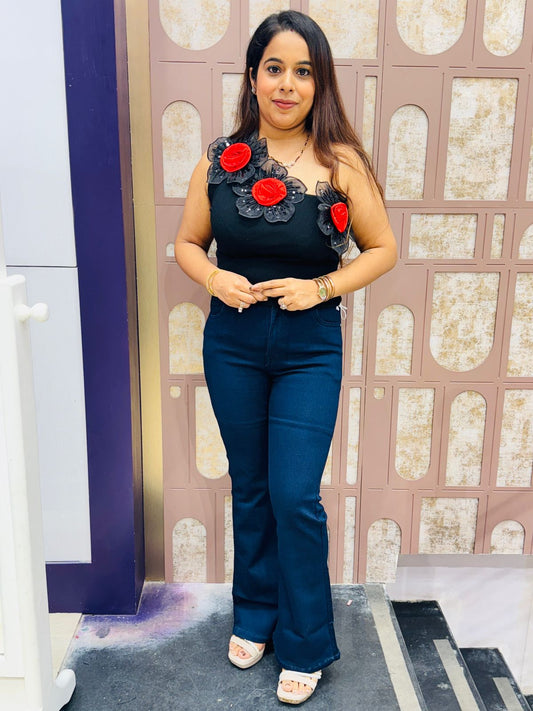 One-Shoulder Free Size Floral Appliqué Top (Red Edition)
