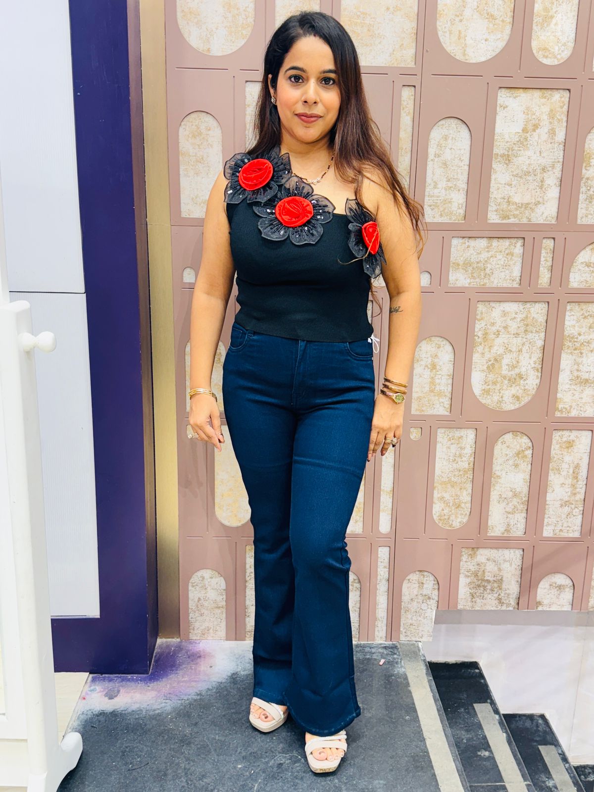 One-Shoulder Free Size Floral Appliqué Top (Red Edition)