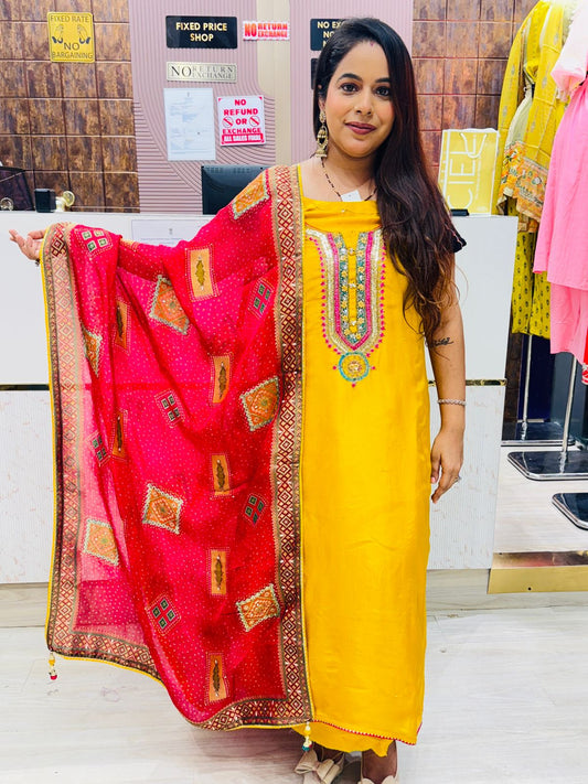 Bright Yellow Unstitched Suit with Vibrant Rajasthani Bandhej Dupatta
