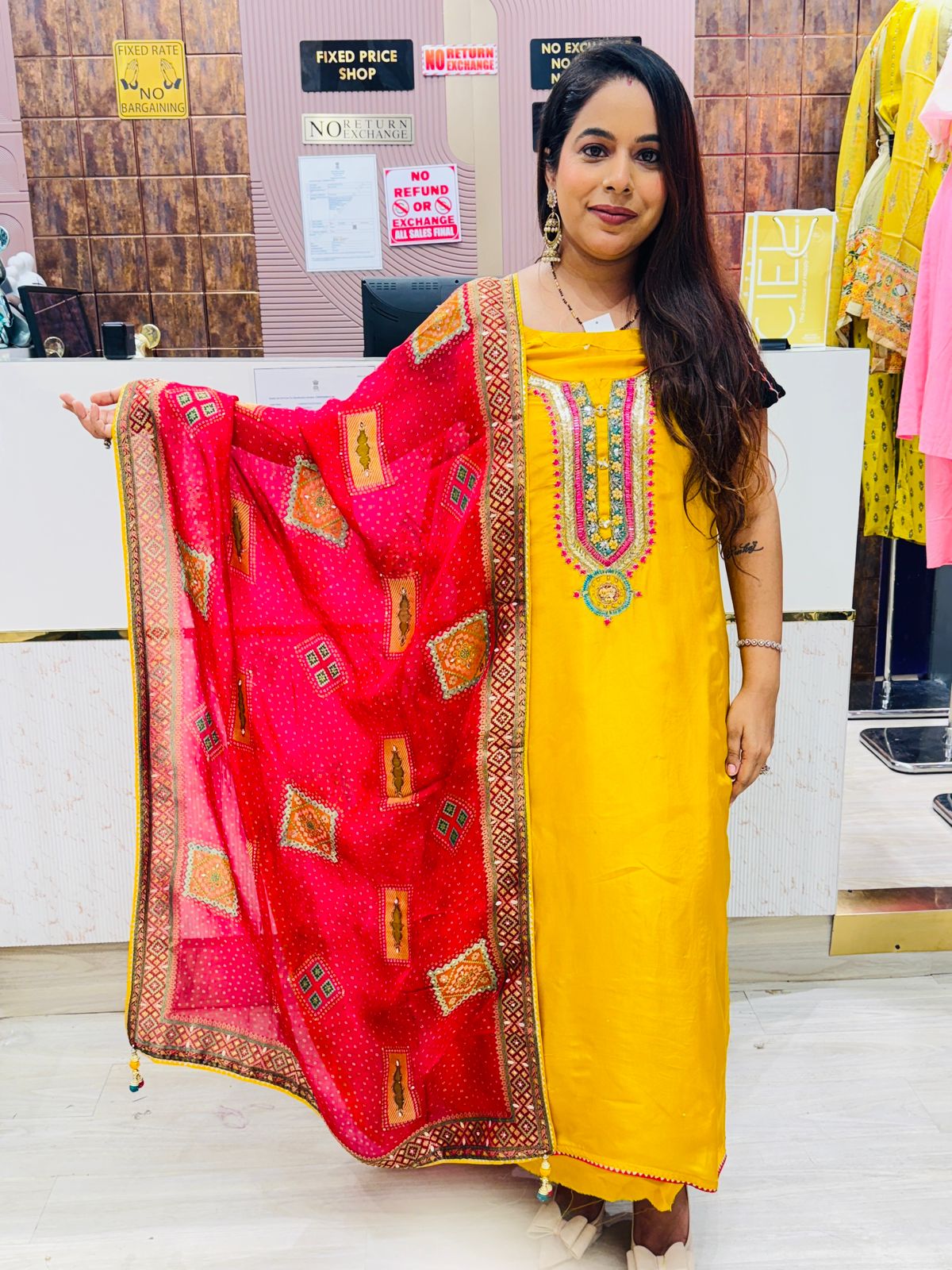 Bright Yellow Unstitched Suit with Vibrant Rajasthani Bandhej Dupatta