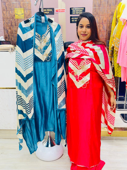 Silk Unstitched Suit Set with Designer Embroidered Patch & Striped Dupatta