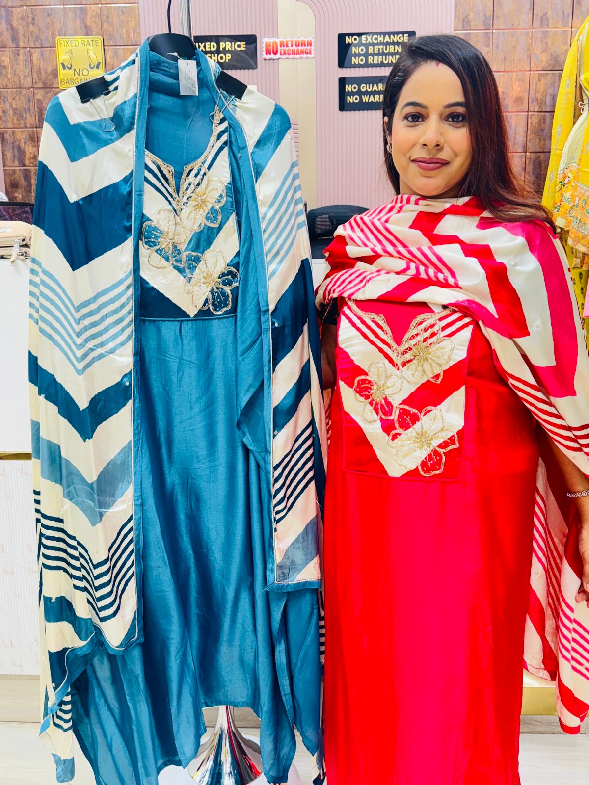 Silk Unstitched Suit Set with Designer Embroidered Patch & Striped Dupatta