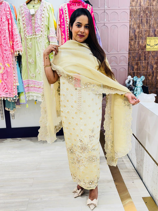 Mirror Work Embroidered Suit Set with Organza Dupatta