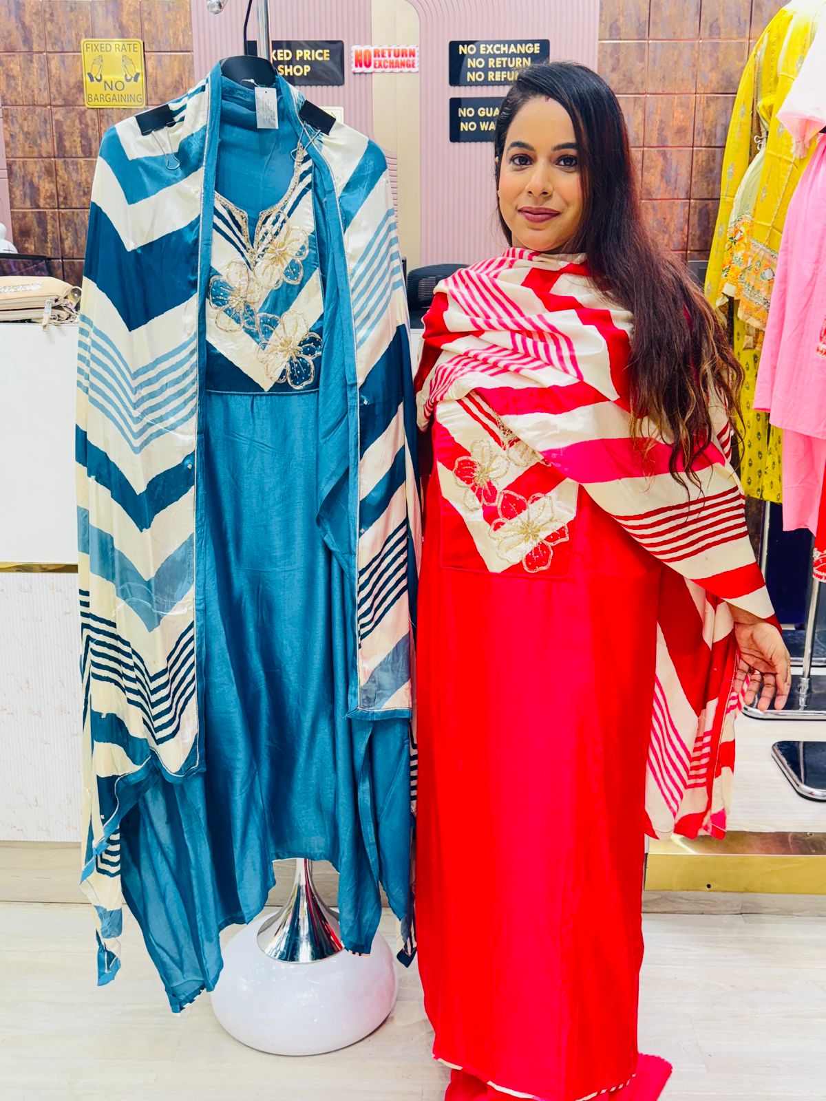 Silk Unstitched Suit Set with Designer Embroidered Patch & Striped Dupatta