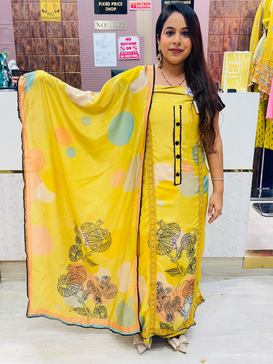 Soft Yellow Mul Cotton Unstitched Suit with Printed Floral Dupatta