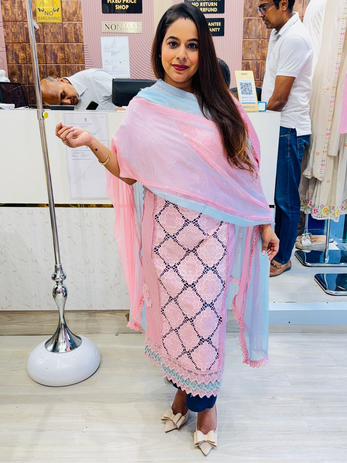 Pastel Pink Embroidered Suit Set with Sky Blue Dupatta