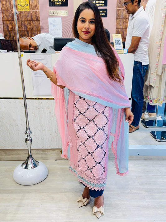 Pastel Pink Embroidered Suit Set with Sky Blue Dupatta