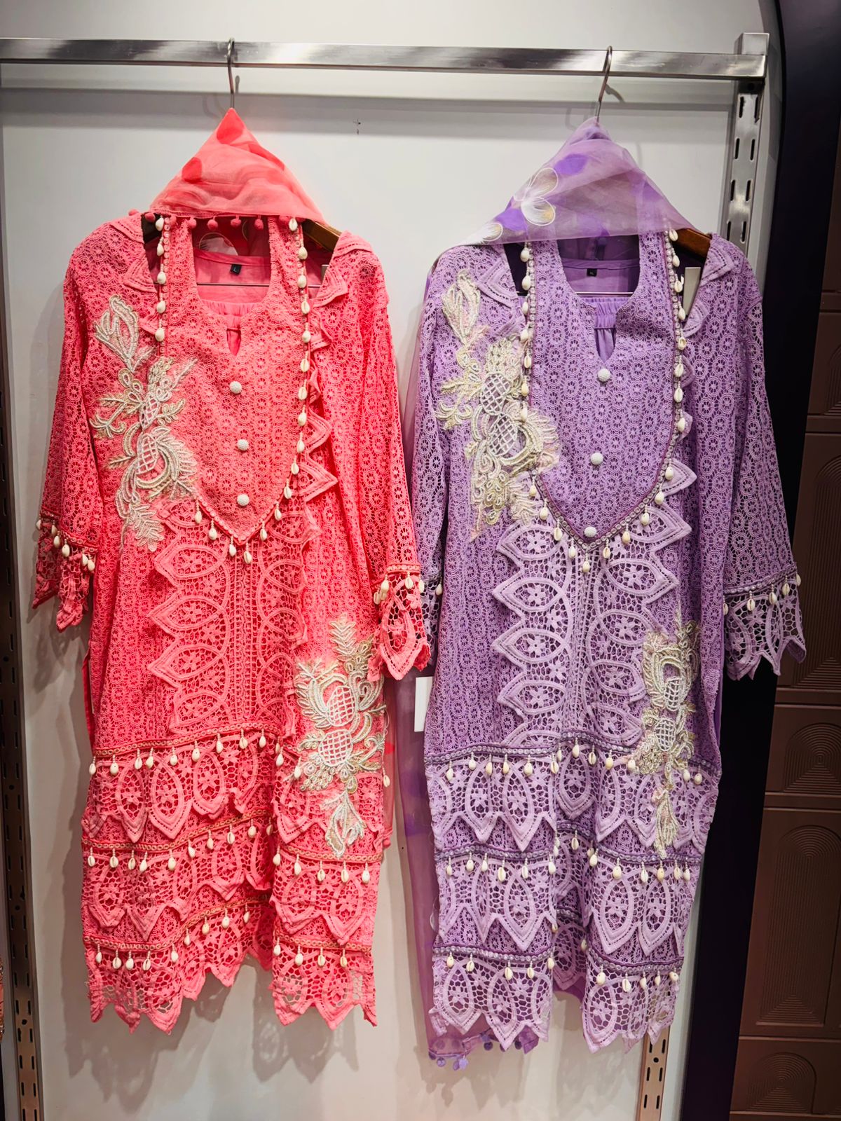 3D Lace Embroidered Suit Set with Cowrie Shell Tassels