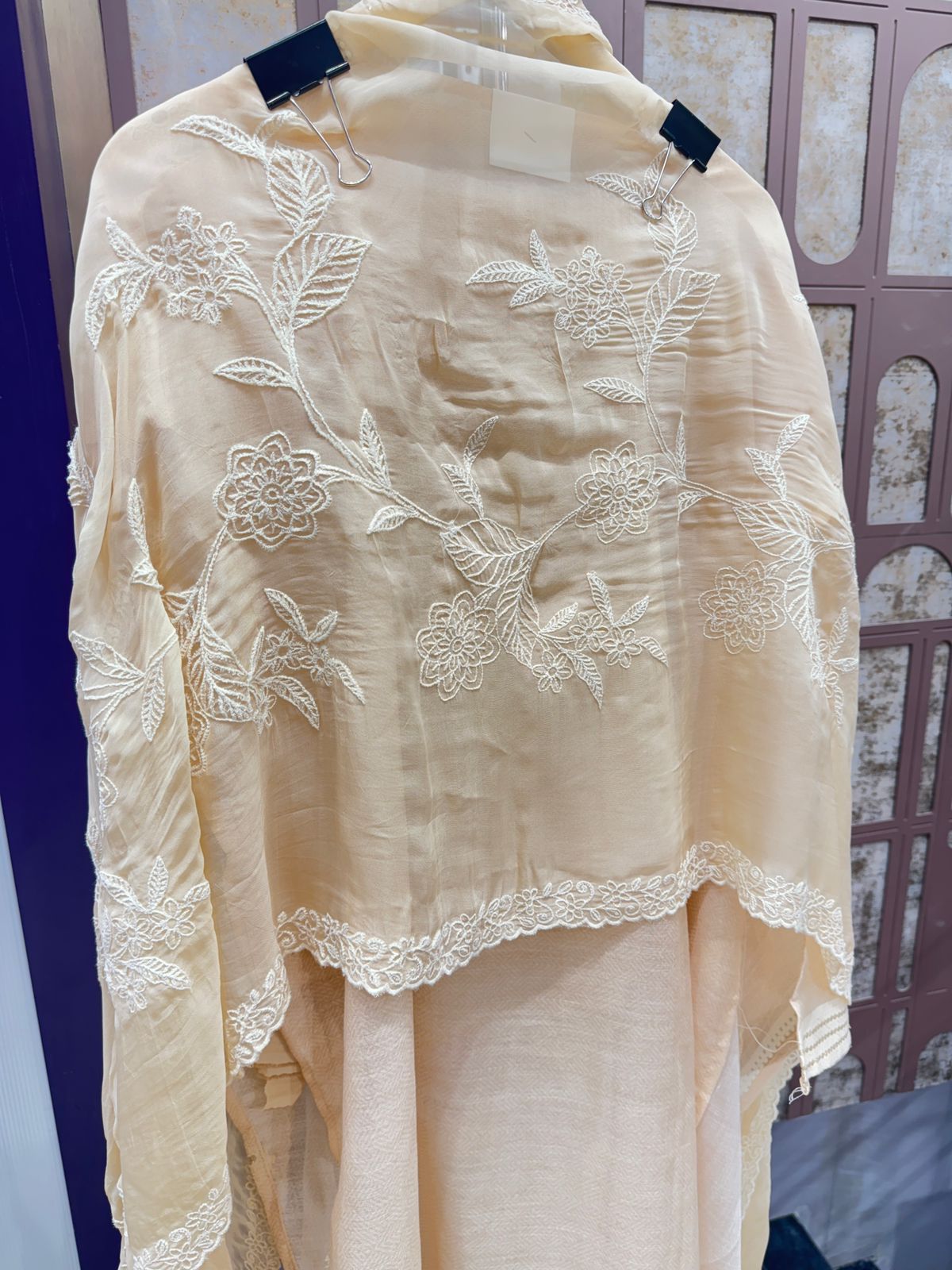 Unstitched Cream Suit Set with Soft Floral Digital Print & Embroidered Dupatta