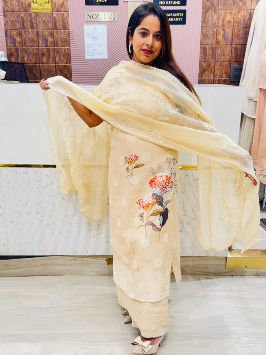 Unstitched Cream Suit Set with Soft Floral Digital Print & Embroidered Dupatta