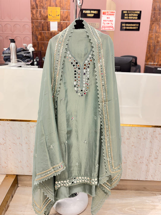 Sea Green Mirror Work Unstitched Suit Set