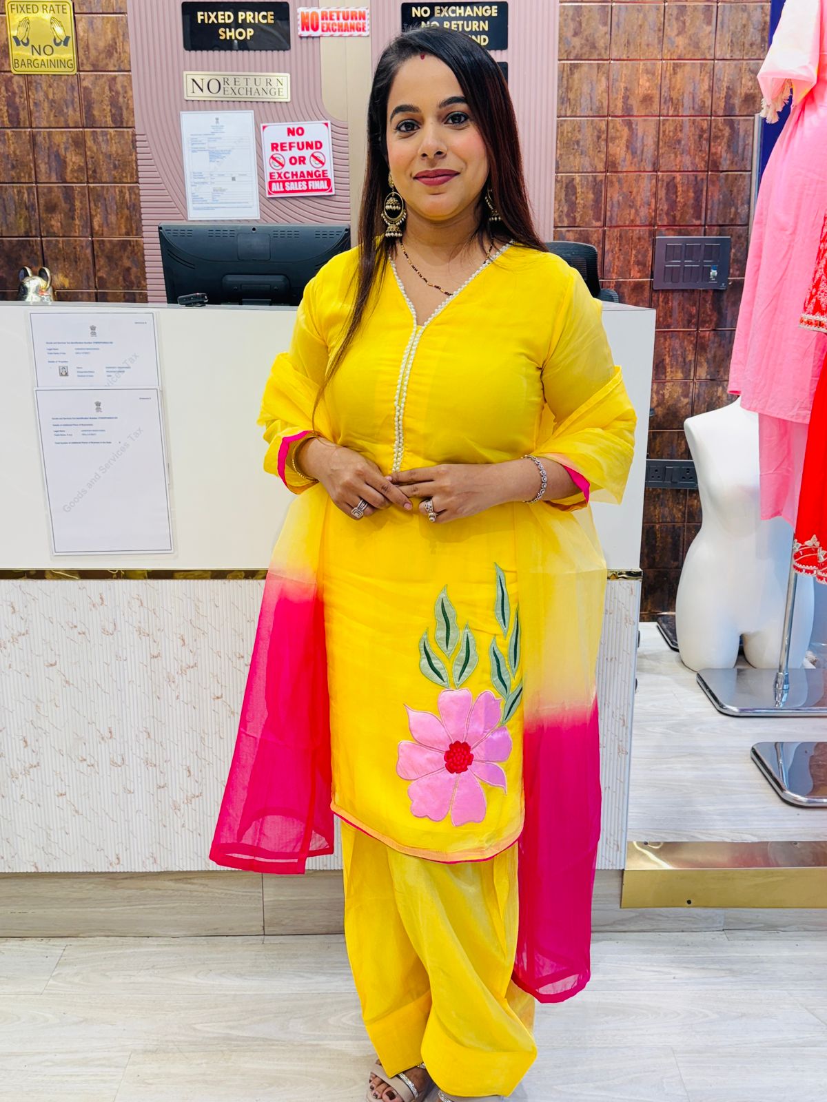 Bright Yellow Stitched Suit Set with Floral Patchwork & Pink Ombre Dupatta