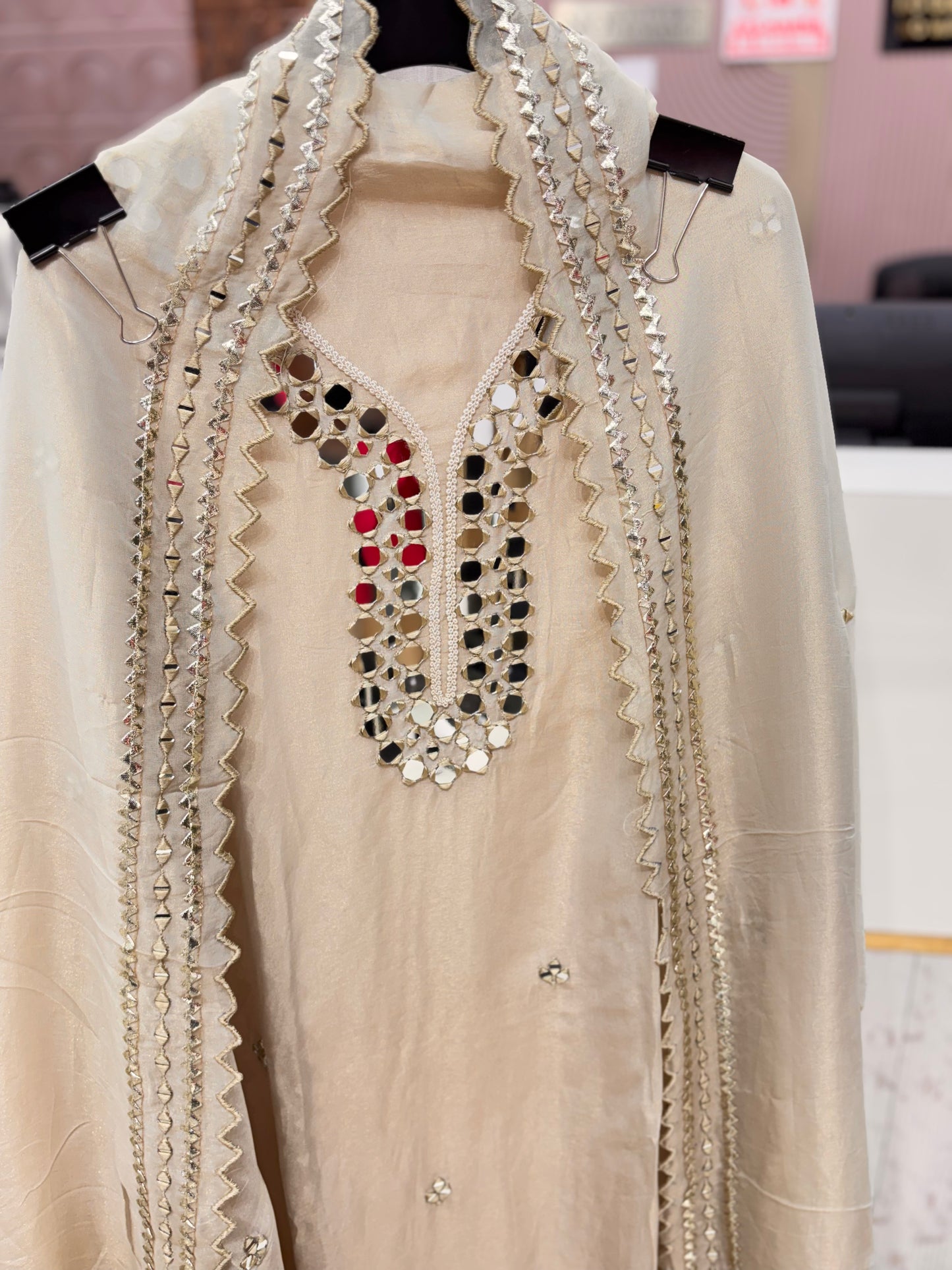 Beige Mirror Work Unstitched Suit Set