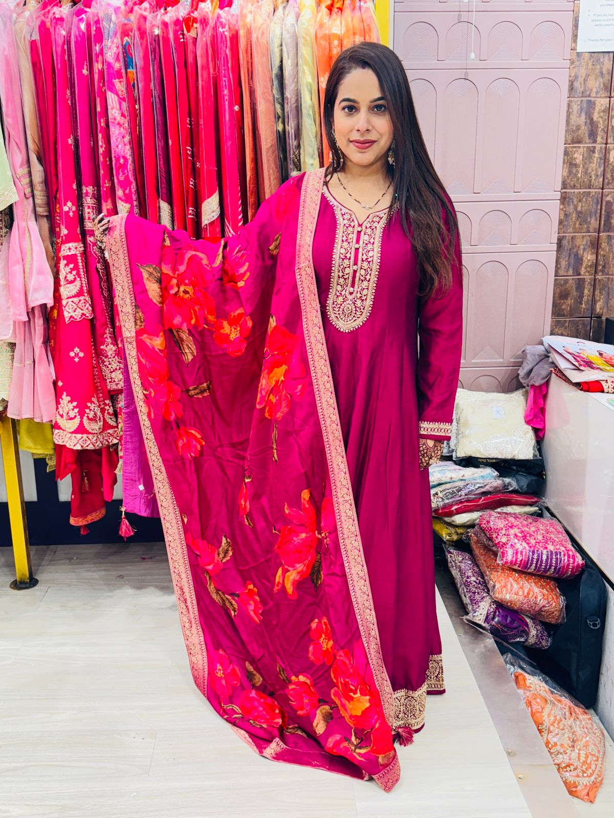 "Sehrish"- Anarkali Suit Set with Floral Print Dupatta