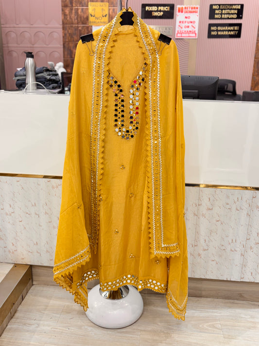 Mustard Yellow Mirror Work Unstitched Suit Set