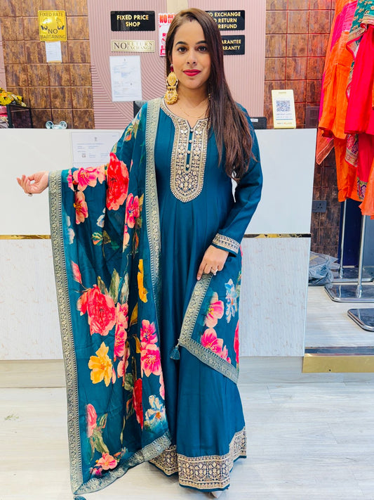 "Serene"- Anarkali Suit Set with Floral Print Dupatta