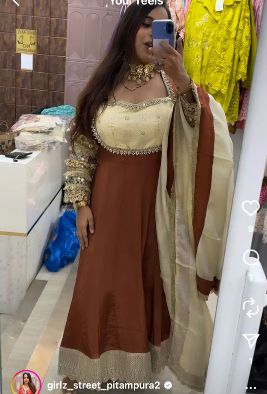 Brown & Beige Crepe Fabric Anarkali Suit with Heavy Sleeves