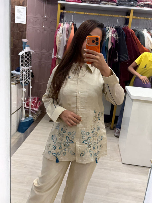 "Zivra" - Beige Embroidered Shirt Coord Set