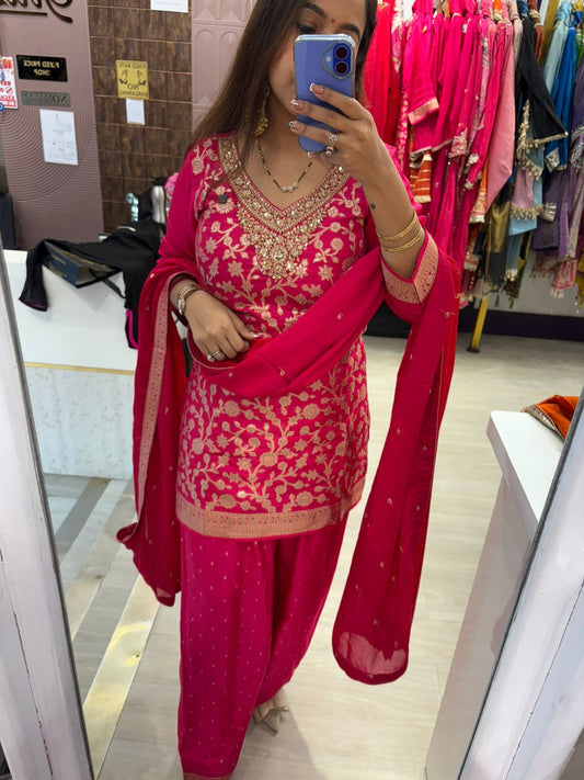 Stitched Pink Floral Embroidered Suit with Dupatta