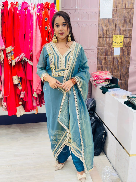 "Adaa Teal Blue"- Unstitched Suit Set With Dupatta