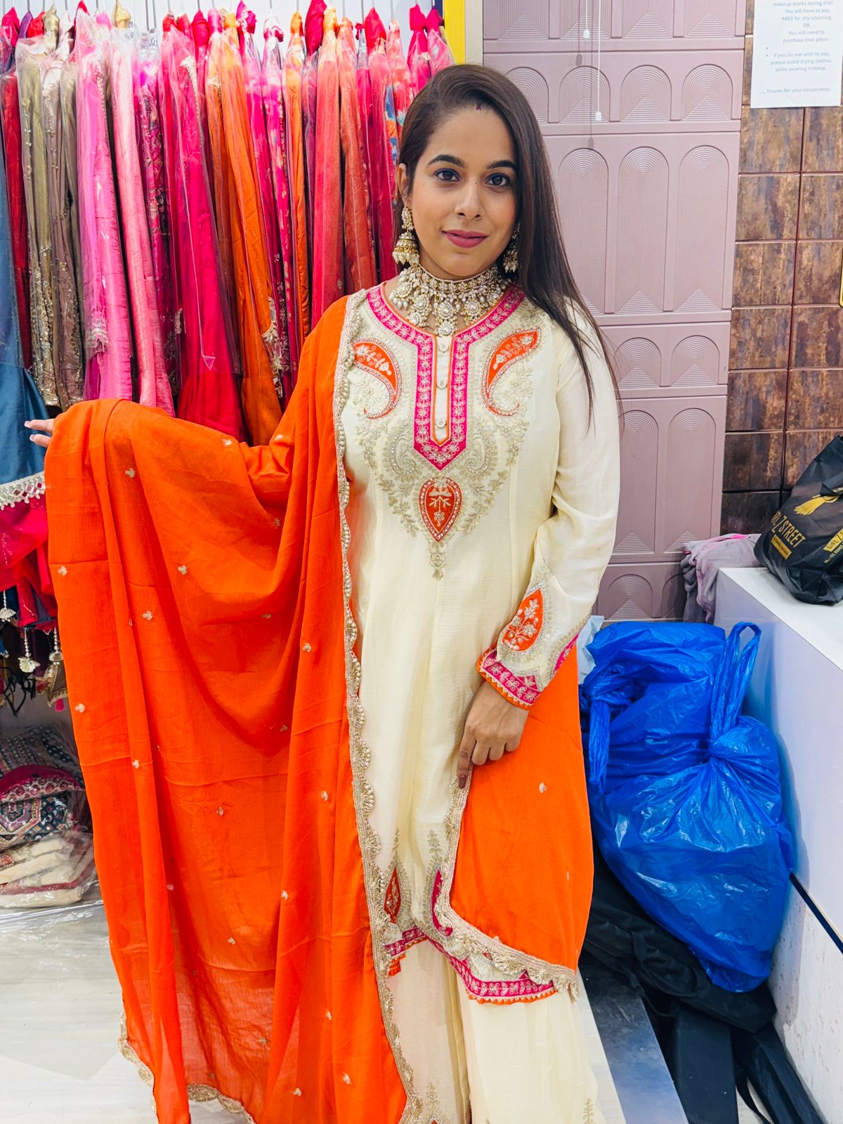 "Ishqana"- Ivory Anarkali Suit with Orange Dupatta & Embroidery Work