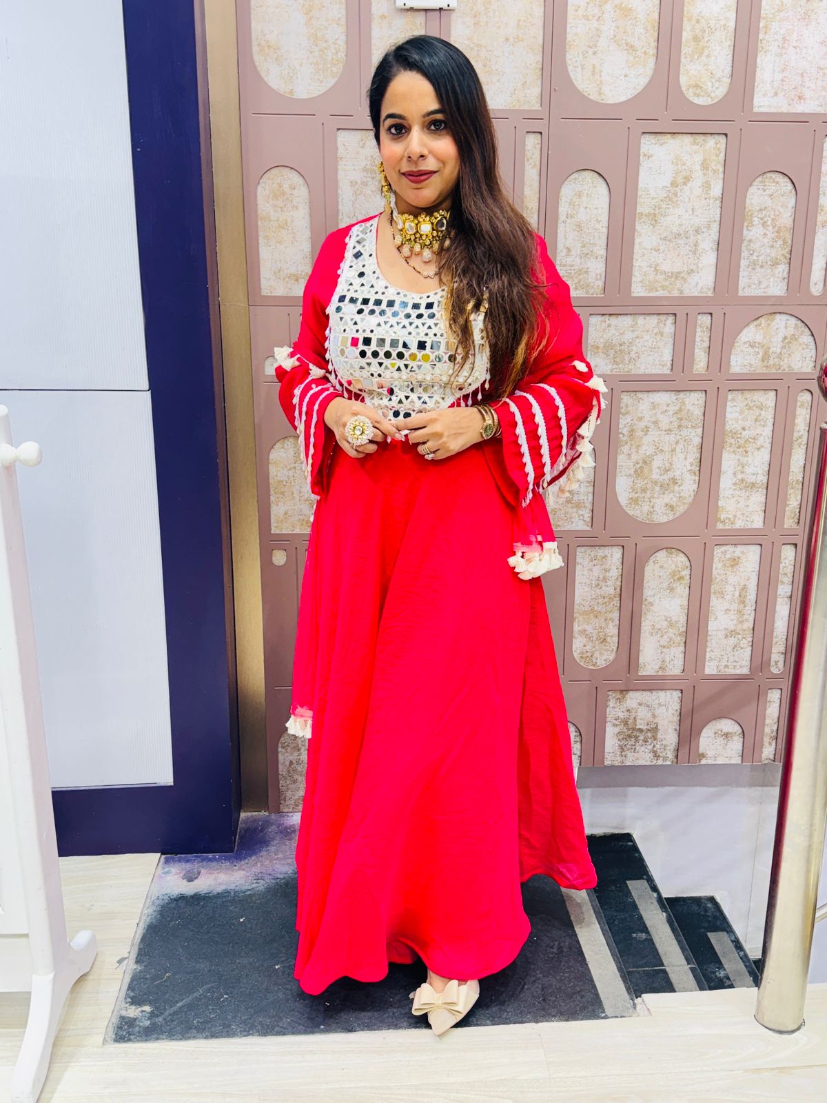 Fuchsia Pink Anarkali-Style Mirror Work Suit