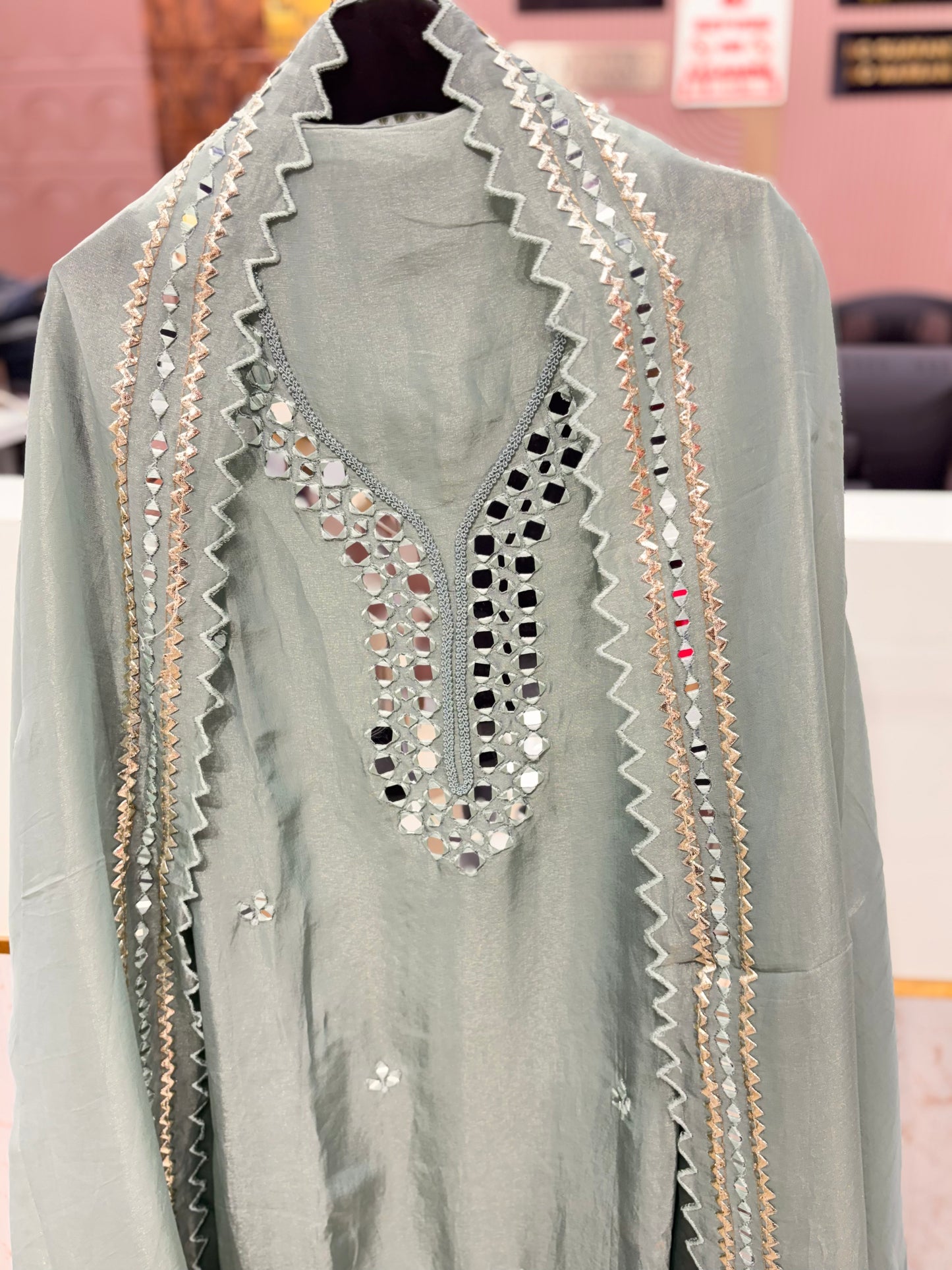 Sea Green Mirror Work Unstitched Suit Set