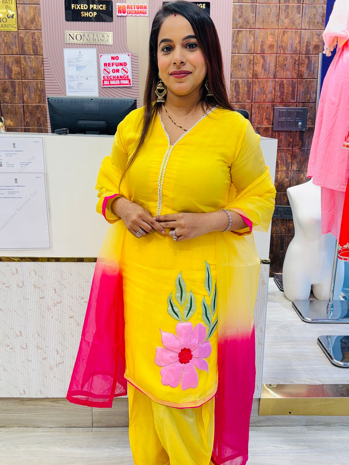 Bright Yellow Stitched Suit Set with Floral Patchwork & Pink Ombre Dupatta