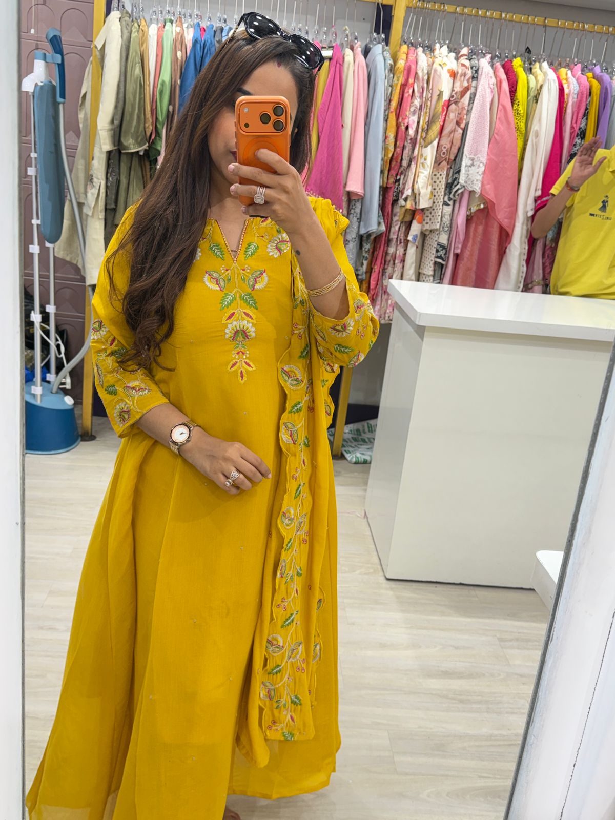 "Amalfi" - Sunshine Yellow Cotton Embroidered Anarkali Suit Set