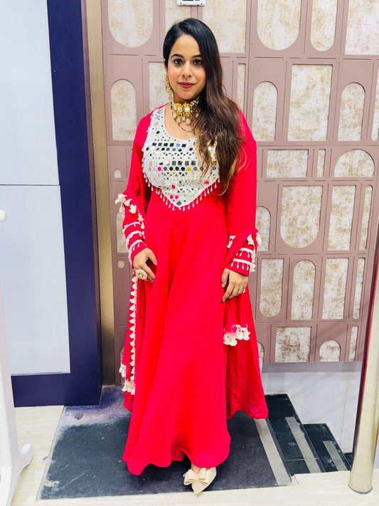Fuchsia Pink Anarkali-Style Mirror Work Suit