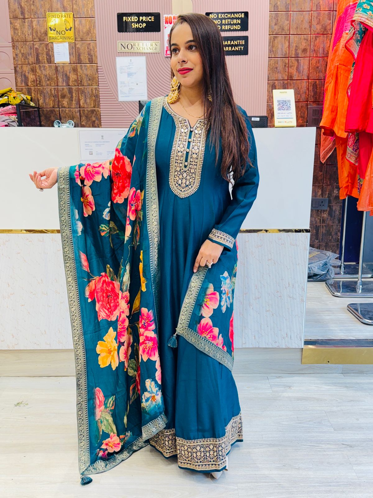 "Serene"- Anarkali Suit Set with Floral Print Dupatta