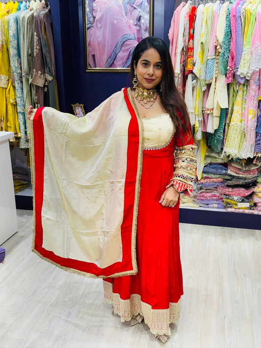 Red & Beige Crepe Fabric Anarkali Suit with Heavy Sleeves
