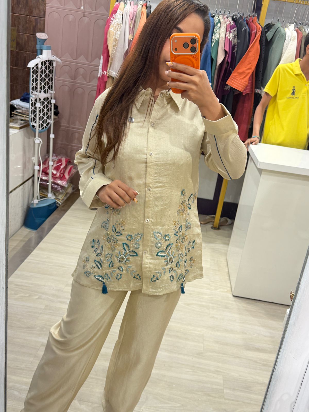 "Zivra" - Beige Embroidered Shirt Coord Set
