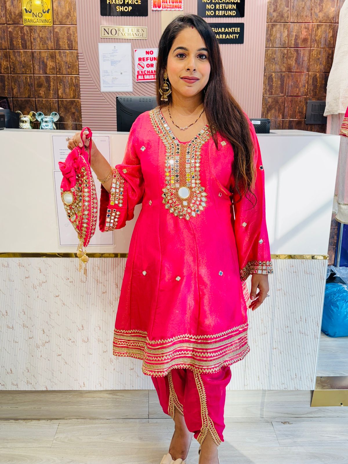 Hot Pink Short Anarkali Set with Tulip Pants with Matching Mirror Work Potli
