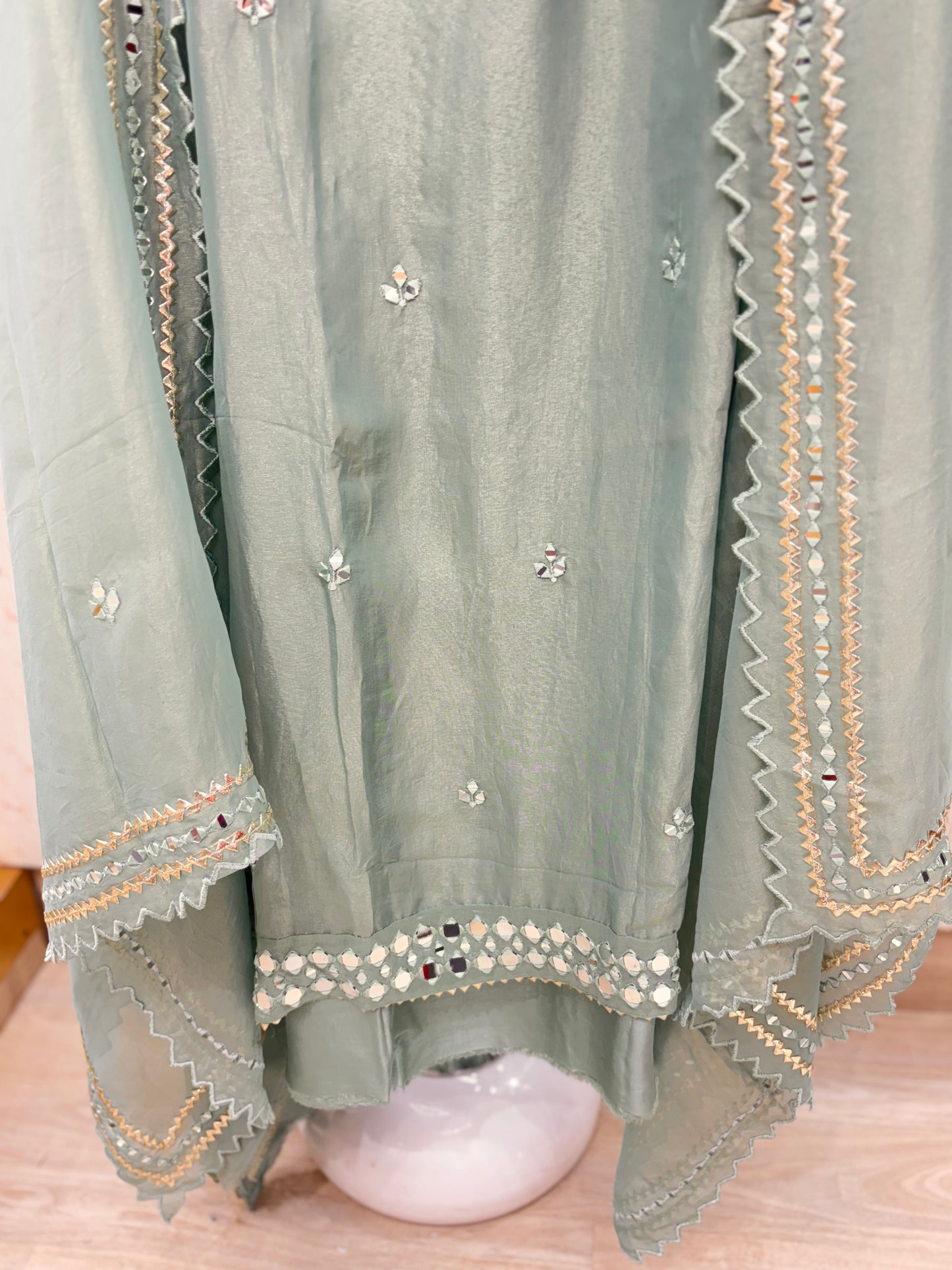 Sea Green Mirror Work Unstitched Suit Set