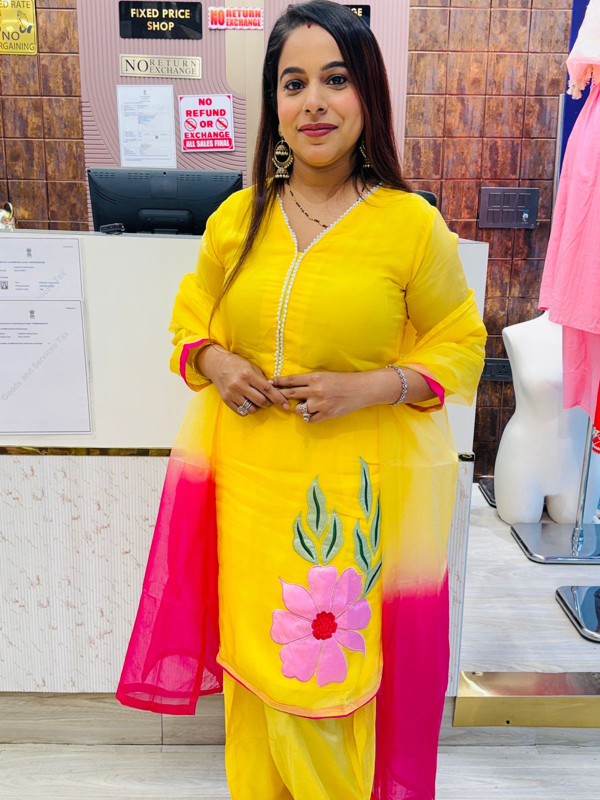 Bright Yellow Stitched Suit Set with Floral Patchwork & Pink Ombre Dupatta