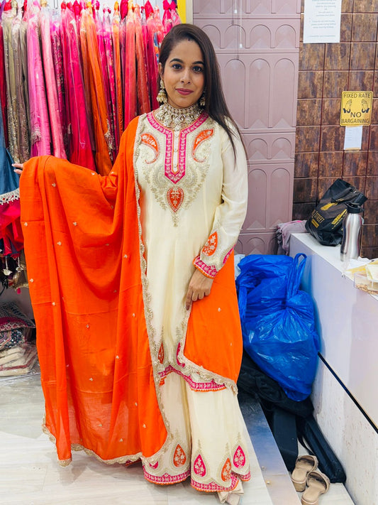 "Ishqana"- Ivory Anarkali Suit with Orange Dupatta & Embroidery Work